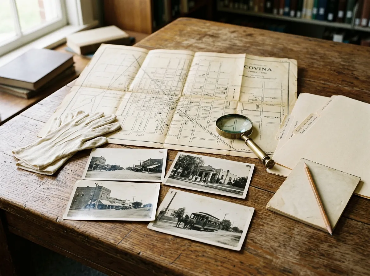 Archival photographs, map materials, and research tools arranged on a wooden table
