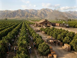 Citrus groves and packinghouse in early Covina