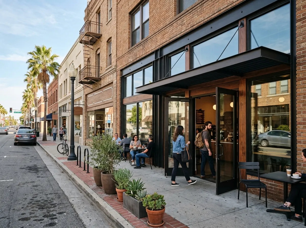 Coffee shop storefront along North Citrus Avenue in downtown Covina