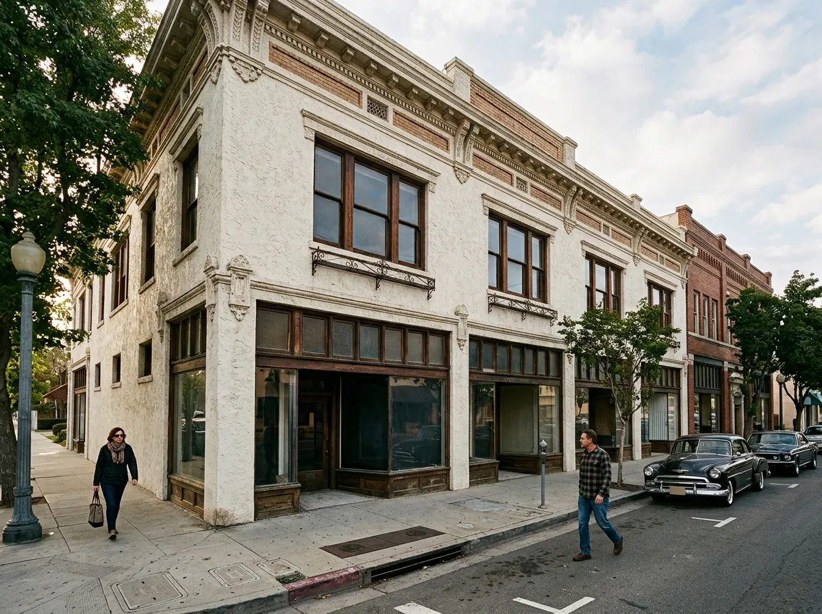 Historic commercial building facade along a downtown Covina sidewalk